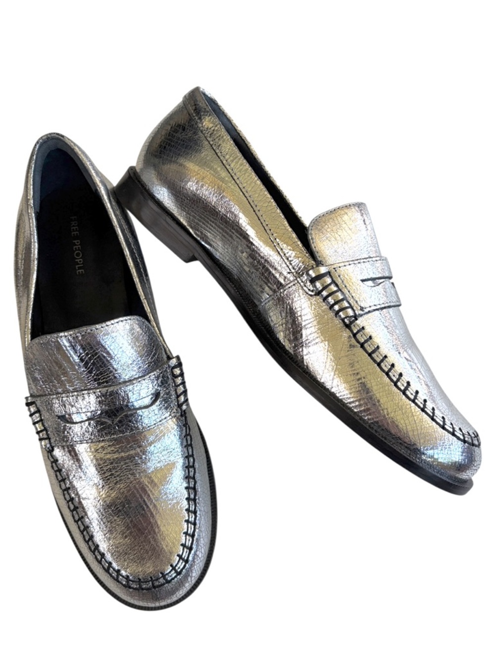 NEW Free People Leather Blanket Stitch Loafers Metallic Silver Size 8